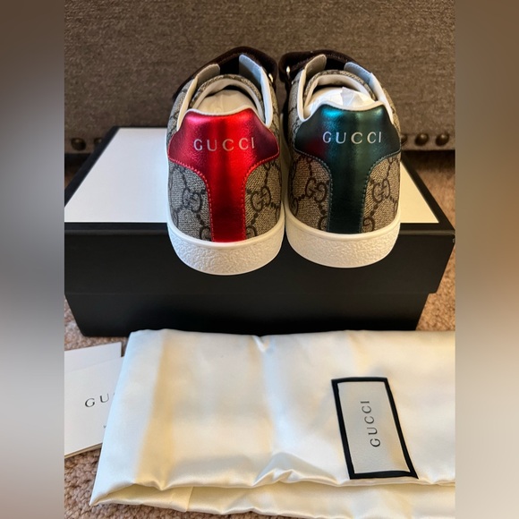New Gucci Ace Gg Supreme New Ace Web stripe Ebony beige brown Sneakers - Picture 5 of 10
